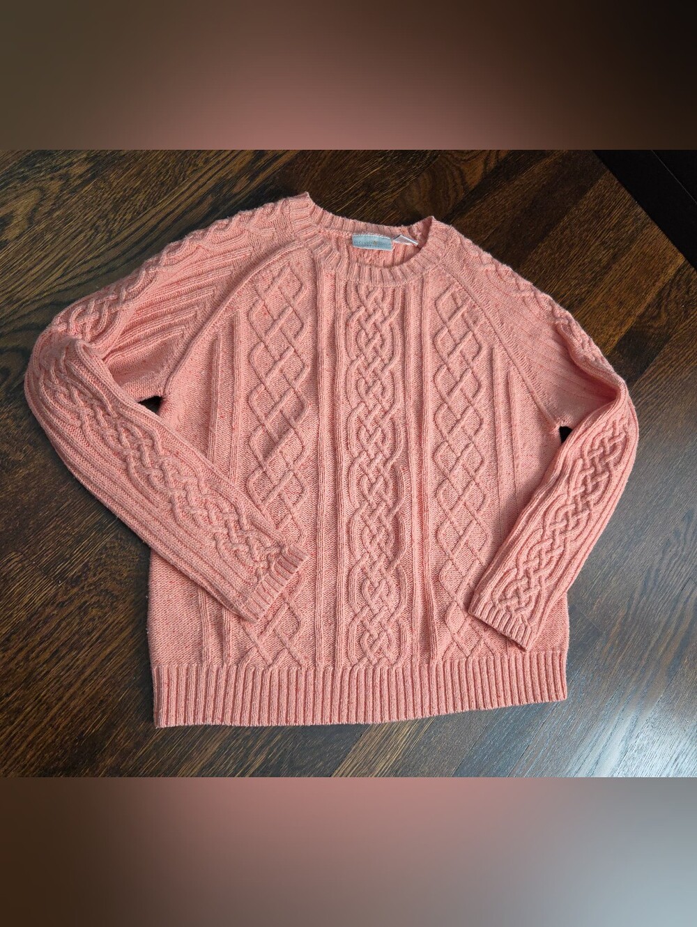 Preswick And Moore Salmon Pink Cable Knit Speckled Wool Blend Sweater Size L